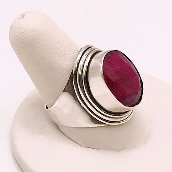 Raw Ruby Sterling Silver Ring .925 Faceted Size 8 July Birthstone Saddle Style - Picture 3 of 7